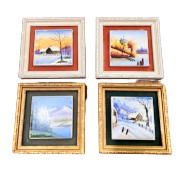 Vintage Ucagco Hand Painted Ceramic Tile Framed Artwork Japan Gallery Wall Set 4 - Picture 1 of 13